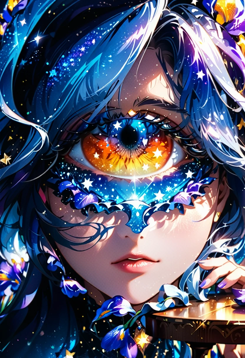 a extreme close up facial picture of an astrologist who divine the future from the stars, an extraordinary beautiful woman, divining the future from the stars, there is magic in her eyes, the ((irises are colored deep blue filled with stars: 1.5)) ladyshadow, dynamic hair color, dynamic hair style, she sits near a table, dynamic clothing, dynamic background, vibrant, Ultra-high resolution, High Contrast, (masterpiece:1.5), highest quality, Best aesthetics), best details, best quality, highres, 16k, [ultra detailed], masterpiece, best quality, (extremely detailed), Shiny..., ladyshadow