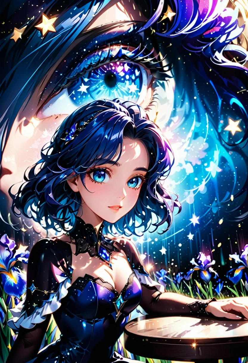 a extreme close up facial picture of an astrologist who divine the future from the stars, an extraordinary beautiful woman, divining the future from the stars, there is magic in her eyes, the ((irises are colored deep blue filled with stars: 1.5)) ladyshadow, dynamic hair color, dynamic hair style, she sits near a table, dynamic clothing, dynamic background, vibrant, Ultra-high resolution, High Contrast, (masterpiece:1.5), highest quality, Best aesthetics), best details, best quality, highres, 16k, [ultra detailed], masterpiece, best quality, (extremely detailed), Shiny..., ladyshadow