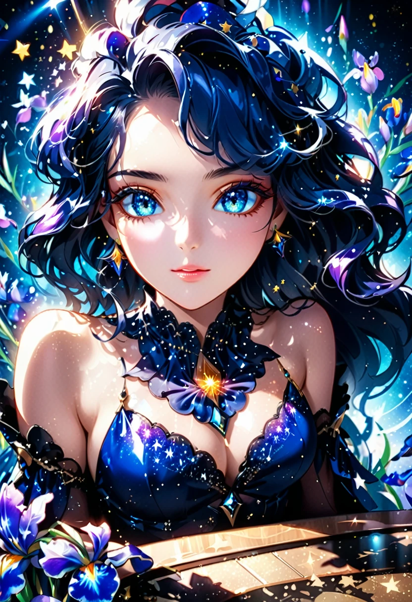((a extreme close up: 1.5)) facial picture of an astrologist who divine the future from the stars, an extraordinary beautiful woman, divining the future from the stars, there is magic in her eyes, the ((irises are colored deep blue filled with stars: 1.5)), dynamic hair color, dynamic hair style, she sits near a table, dynamic clothing, dynamic background, vibrant, Ultra-high resolution, High Contrast, (masterpiece:1.5), highest quality, Best aesthetics), best details, best quality, highres, 16k, [ultra detailed], masterpiece, best quality, (extremely detailed),