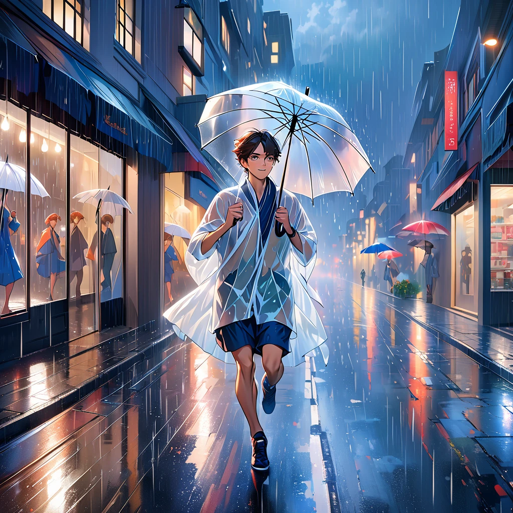 best quality, highres, ultra-detailed, realistic:1.37, ((a handsome boy running with an umbrella:1.8)), in a city at night,wearing made of transparent vinyl rain coat,holding an umbrella,((dancing in the rain like Singin' in the Rain:1.8)),Close to cold colors,reduce saturation,((natural color:1.2)) full-body image,medium:oil painting,detailed face,beautiful eyes and lips,dark and moody atmosphere,vibrant colors,streaks of raindrops,city lights reflecting on wet streets,glowing umbrellas in the background,shimmering rain-soaked pavement,ethereal and dreamy lightin,((lined up shop windows and narrow sidewalk background:2.0))