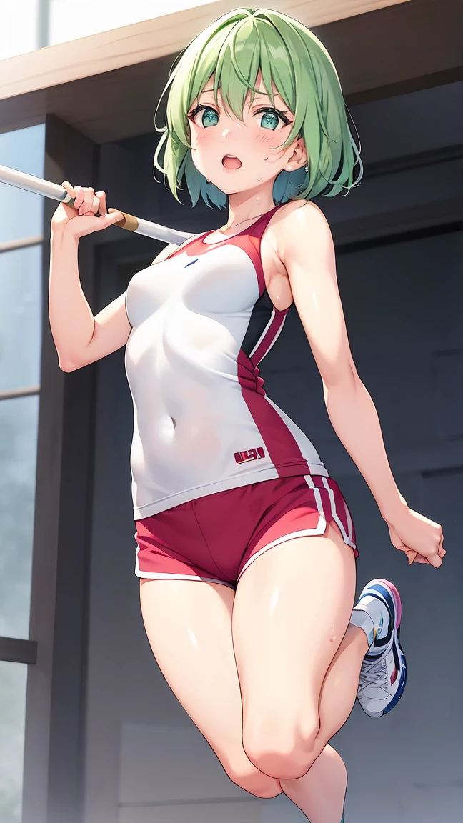 Girl with short green hair, Small size breasts,、Green Eyes, 、,Full body photo from head to toe、Track and field athlete、、、Pole Vault、150㎝の高さのバーをJumpして飛び越える、A toned and toned body、Desperate、Sweat、Uplifting、A moving picture、Shorts、Full Strength、Jump、jump
