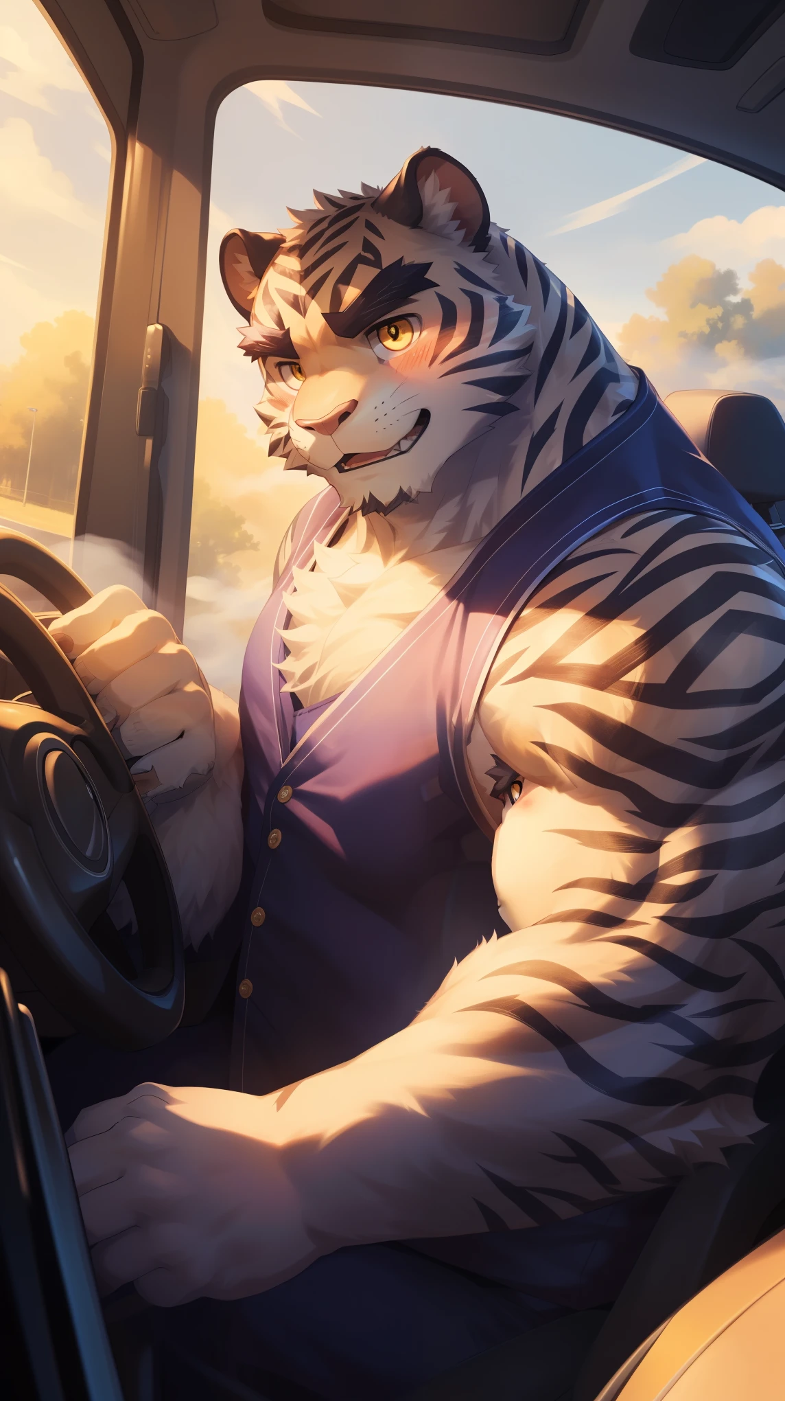 (Vision:1.5), solitary, anthropology, hairy, hairy male, snow leopard, ((Fluffy fur, Fluffy, hairy body)), (snow leopard print), (Thick eyebrows), youth, muscular, White and big skin, Blue-gray pupils, Detailed teeth, defaced face, fundos, driver, Gray purple vest, cab里, Driving, sideways, Shy expression, A faint smile, blush, (Dynamic poses:1.5), Clear facial features, Strong, majestic, alone, panoramic, Fog atmosphere, early morning, Tyndall light effect, cab, Sunlight through the car window, (By Empty Ghost, From snow leopard20, masterpiece, high quality, high resolution,8K)