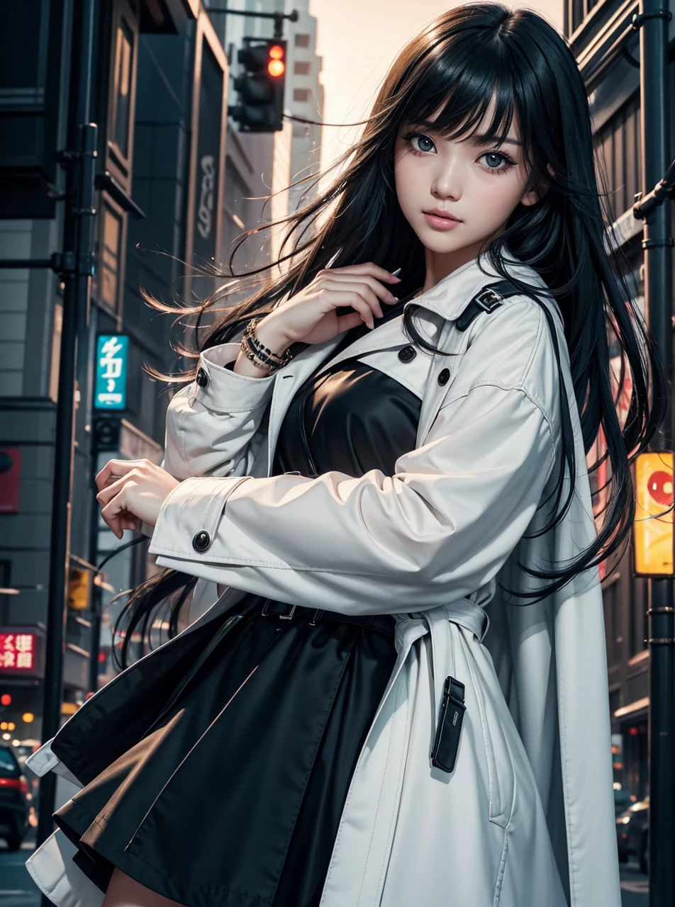 beautiful details eyes,shining eyes,blank stare,Extremely detailed CG, 統一8K壁紙,masterpiece,best quality,Ultra-high detail,Wearing a white trench coat,A high-tech bracelet on the left wrist,There is ze under the left eye:The word 3,A storage bag for books hanging on the waist, Black eyes,long black hair,Girl,Lively,Love to laugh,Puppy-like personality,full length shot, Realistic photography, HD, 8K,,Waved,Long bangs,excited,high quality,Extremely detailed,illustration,watercolor painting,Color and ink painting,ink splatter,Color splash,colorful,sketch,cyberpunk,night,Neon lights,masterpiece,best quality,Beautifully drawn,Highly detailed,excited,Empty eyes,Long bangs,Twilight sky,night