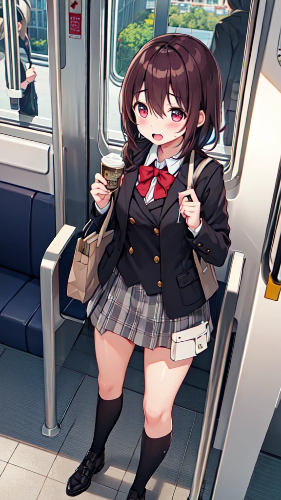 １People Girl、uniform、on the train、Are standing、