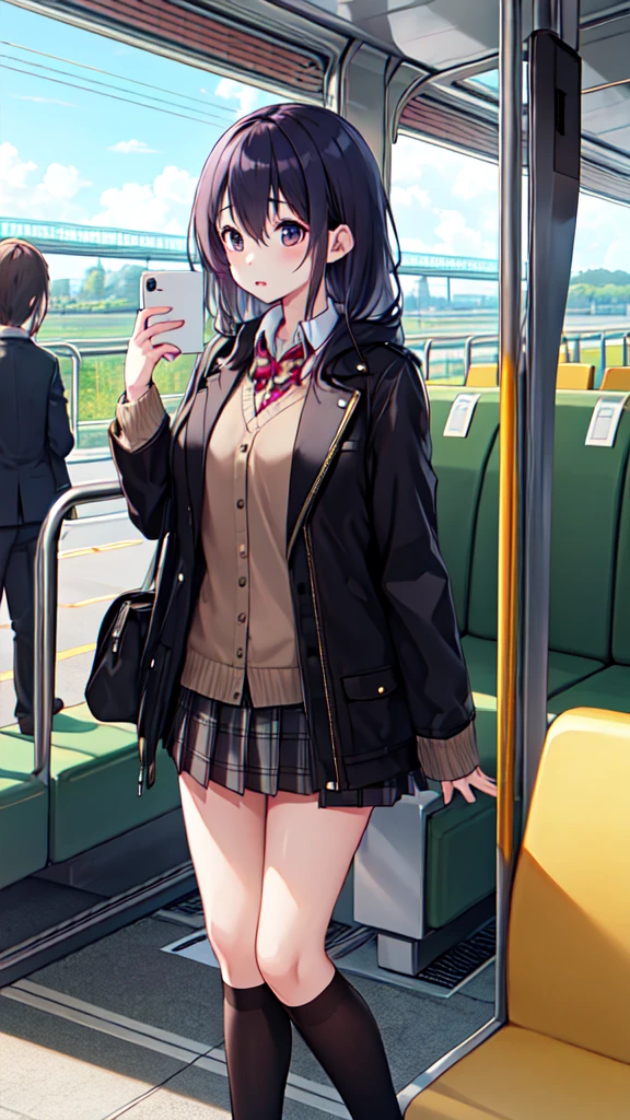 １People Girl、uniform、on the train、Are standing、