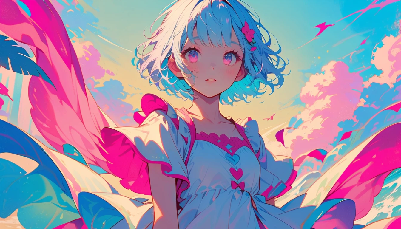 summer、1 female, Light blue hair, short hair, Pink accents、Follow your dreams、