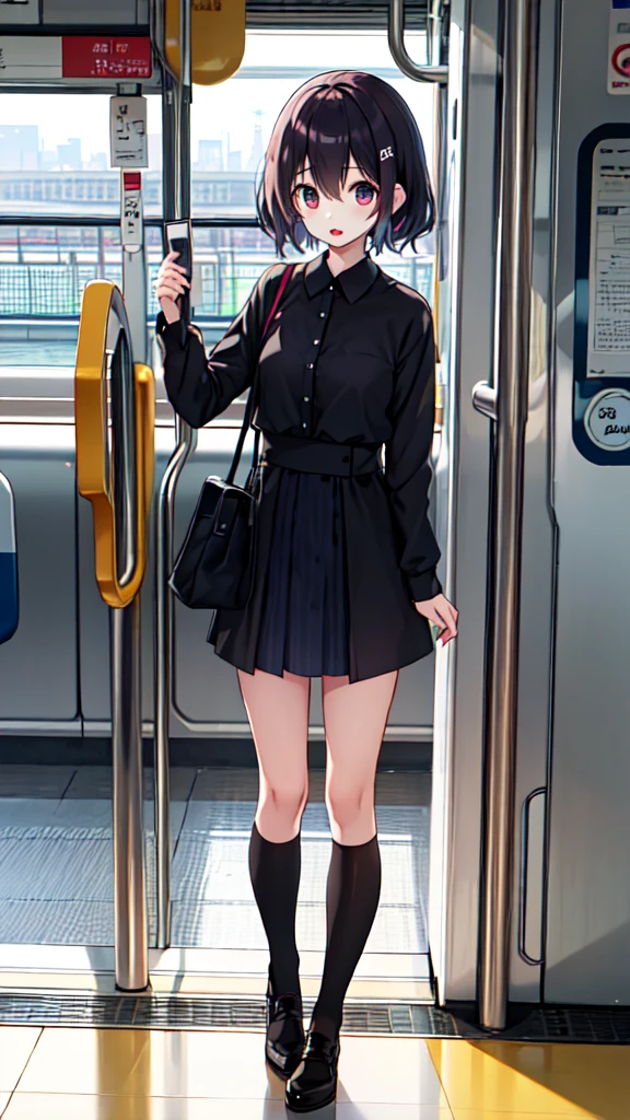 １People Girl、uniform、on the train、Are standing、