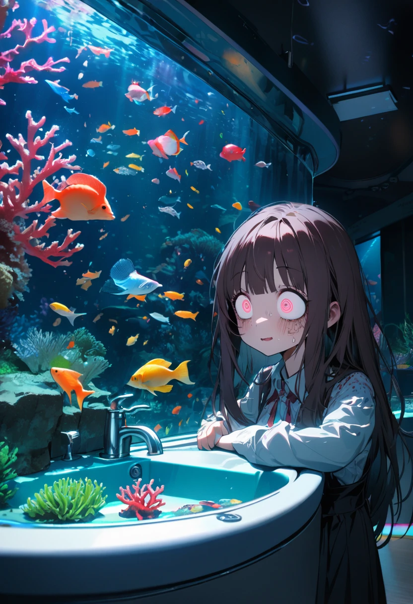 high quality,1 girl,( yandere :1.4),( crazy eyes:1.1), Highest quality, 16K, Unbelievably absurd, Very detailed, 2.5D, delicate and dynamic, aquarium, Large sink, Colorful Coral, A little faint light and a little fish,