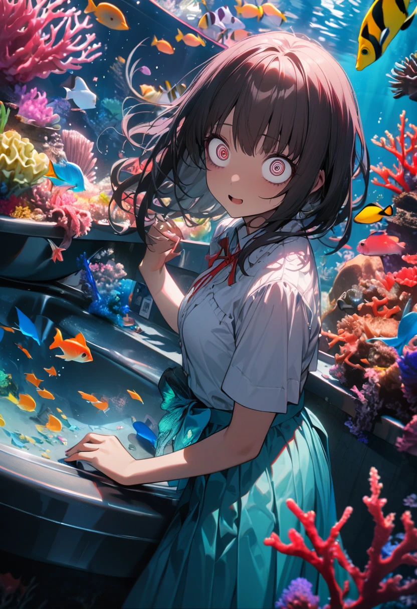 high quality,1 girl,( yandere :1.4),( crazy eyes:1.1), Highest quality, 16K, Unbelievably absurd, Very detailed, 2.5D, delicate and dynamic, aquarium, Large sink, Colorful Coral, A little faint light and a little fish,
