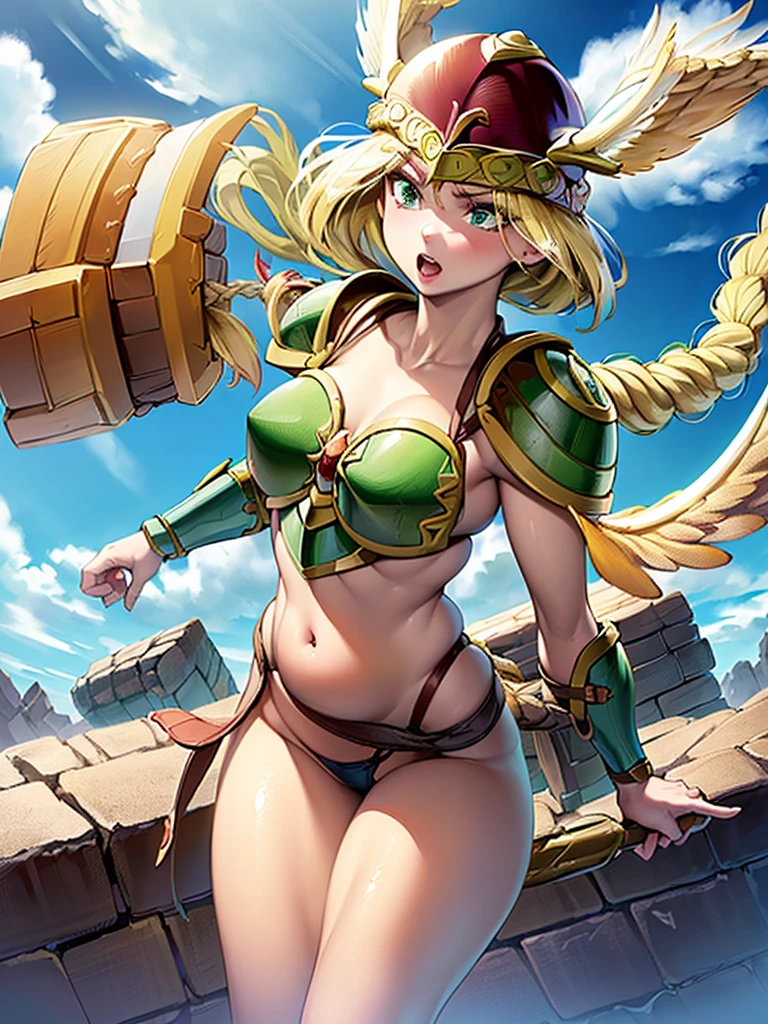 masterpiece,best quality, 1girl, 18yo, beautiful girl,BREAK,(Armor:1.8),(Helmet with wings:1.7),(Beautiful blonde,braid,Green Eyes:1.5),BREAK,(Bikini Armor,navel exposed,voluptuous bust,thin waist:1.4),BREAK,(naughty face, naughty:1.3), (blue sky:1.2),(Running on clouds:1.3),(move chart:1.3),