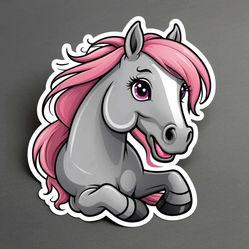 Clothing sticker design, cartoon goofing off, horse sticker, A high resolution, high detail, cartoon style, color gray and pink