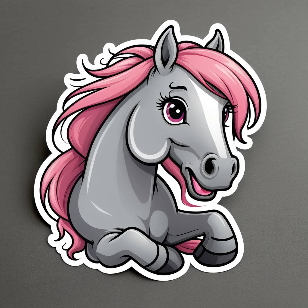 Clothing sticker design, cartoon goofing off, horse sticker, A high resolution, high detail, cartoon style, color gray and pink