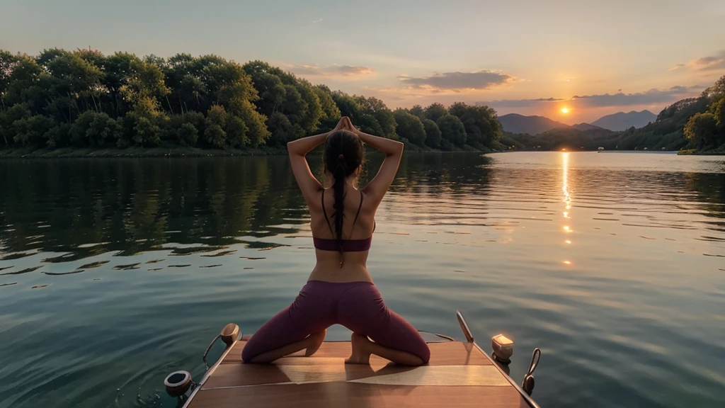 beautiful girl in yoga pose on lake in sunset. Camera view is from far away