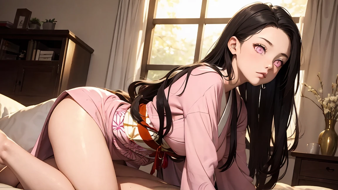 NSFW　topless　Completely naked　Nezukokamado, Nezuko Kamado, Black Hair, (amount:1.5), Hair Ribbon, Long Hair, Multicolored Hair, (Pink Eyes:1.5), Orange Hair, elongated pupils, Wavy Hair, Two-tone hair, break asa no ha (pattern), checkered sash, Haori, kimono, kimono, Long sleeve, heart, pink kimono, sash, wariza, Wide sleeves, break looking at viewer, break indoors, break (masterpiece:1.2), Highest quality, High resolution, unity 8k wallpaper, (figure:0.8), (Beautiful attention to detail:1.6), Highly detailed face, Perfect lighting, Highly detailed CG, (Perfect hands, Perfect Anatomy),line pussy, pussy, medium breaths,sex, cowgirl positon, girl on top, (straddling), (1boy:1.1), hetero expose breast, dick