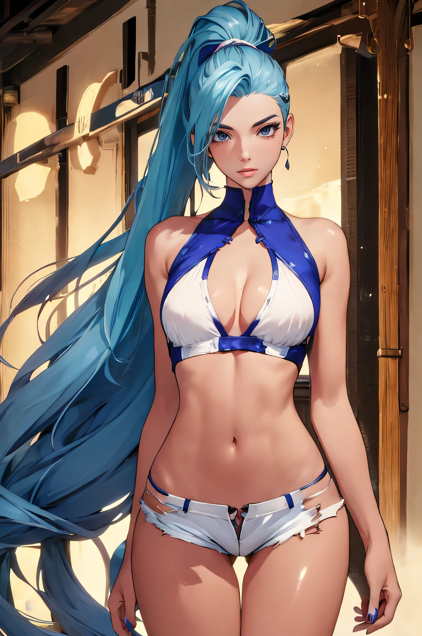 (best quality: 1.2), clean face, (masterpiece: 1.2, 8k) perfect anatomy, 1girl,a beautiful fashion model ,(masterpiece, official art, best quality ,long and shiny hair, blue hair with streaks in hair, long hair, full lips, slender body, slim body big breasts, looking at viewer, revealing outfit, absurdity, intricate details, dynamic pose, club, , wearing short shorts and a tight white top, cleavage, torn clothes, thong straps,  ponytail, coquettish expression