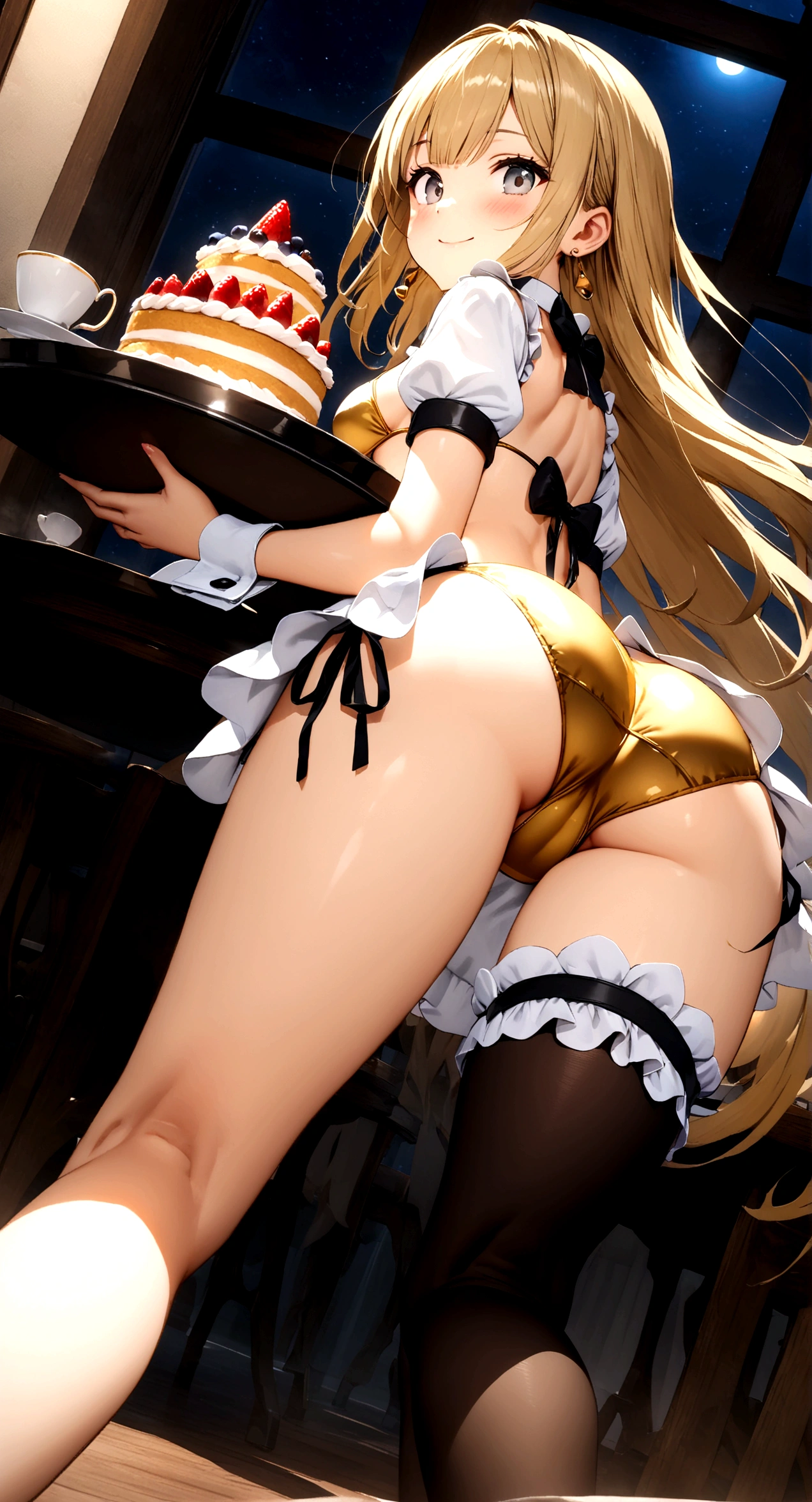 ((32k)), ((best quality)), ((ultra high res)), ((HDR)), ((UHD)), ((extremely detailed CG)), ((unity 32k wallpaper)), (1girl), (()), (ideal ratio body proportions), very long hair, (breasts), looking at viewer, blush, smile, bangs, thighhighs, bow, holding, cleavage, jewelry, (((golden bikini))), ((medium breasts)), closed mouth, standing, swimsuit, (golden hair), short sleeves, bikini, ((cowboy shot)), earrings, frills, food, black thighhighs, indoors, bowtie, cup, puffy short sleeves, wrist cuffs, grey eyes, thigh strap, detached collar, side-tie bikini bottom, thigh gap, table, single thighhigh, plate, tray, teacup, cake, bridal garter, holding tray, cake slice, (night), ((from below)), ((((from behind)))), ((open your legs)), ((Leaning forward)),
