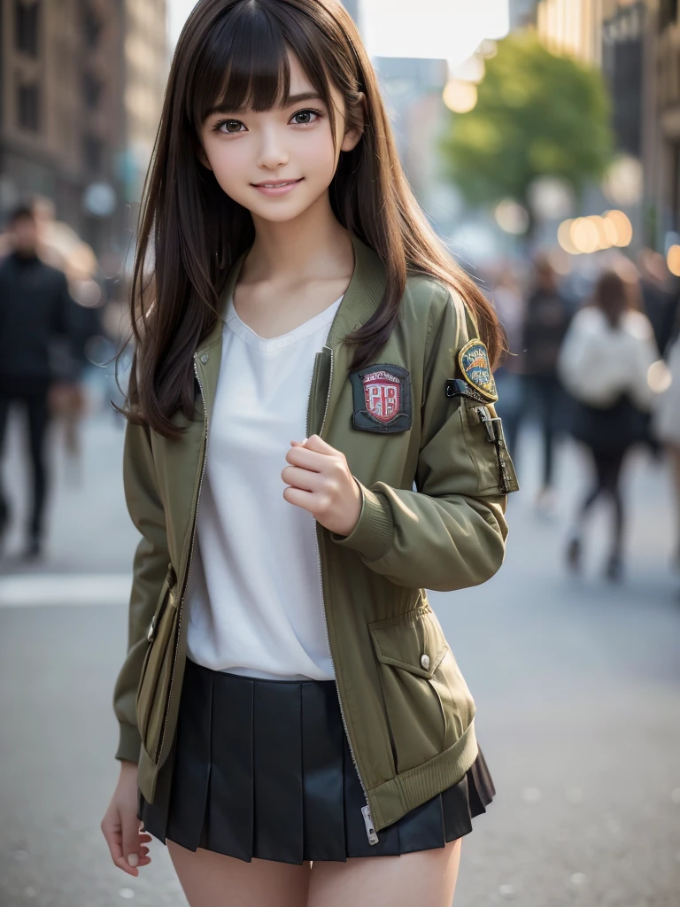 (8K, RAW Photos, Highest quality, masterpiece:1.2), (Realistic, photo-Realistic:1.4), (Highly detailed 8K wallpapers), ((Full Body Shot)), (1 girl), Sharp focus, Depth of written boundary, Cinematic lighting, Soft Light, 緻密な美しさのeye, eye_Chan, Very beautiful 17 year old girl, innocent big eyes, Realistic, photo Realistic, Highly detailed cute girl, (Thin thighs), (Model Body Type), 18-year-old, ((Khaki flight jacket)), (Black micro mini tight skirt), ((A happy smile)), Parted lips, Watching the audience, (On the streets of New York) , (Brown Hair),(Semi-long hair), (Asymmetrical bangs)