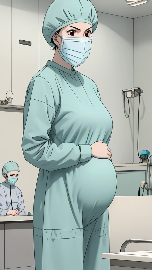 masterpiece, highest quality, source_anime, the view is turned slightly to the side, upper body, (RAW photo, best quality), 1girl, long hair, frown, pale skin, worried eyes big breasts, big tits, pregnant, stand, natural lighting, solo, hospital, in the operating room, operating room background, 
ray kasugano, pregnant with big belly, (give a score of 9_give a score of 8_give a score of 7) long sleeve Surgical dress, bouffant cap, cover the ears, surgical mask, long surgical gloves, the picture tells the story of a pregnant woman who has abdominal pain close to giving birth,