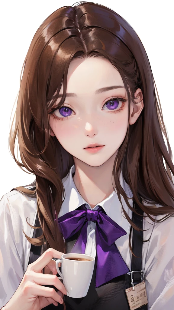 (Top resolution、Distinct_image)top-quality、femele、​masterpiece、highly detailed、Semi-realistic、purple eyes、18year old、young、Exquisite facial features、Facial features、unique hairstyle, variations, potrait, white background,    , long straight hairstyles , light brown hair , barista , workplace uniform, coffee