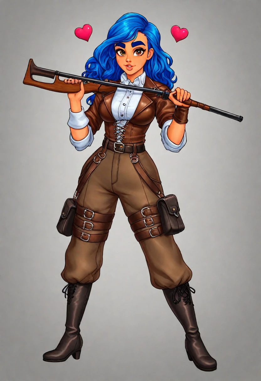 The girl is a 23-year-old with an athletic, lean build and olive skin. She has shoulder-length, wavy blue hair that frames her face. Her hazel eyes are intense, set beneath straight, thick brows. She has a heart-shaped face with defined cheekbones, a straight nose, thin lips, and a rounded chin. She is dressed as a medieval thief, wearing a dark, fitted leather jacket over a loose shirt. The shirt has embroidered patterns along the sleeves. She wears a wide leather belt with various pouches and a small sword. Her rugged trousers are tucked into calf-high leather boots. She carries a crossbow strapped to her back and has wrist guards with hidden blades. The front view shows her full-length, highlighting her detailed outfit and confident stance.