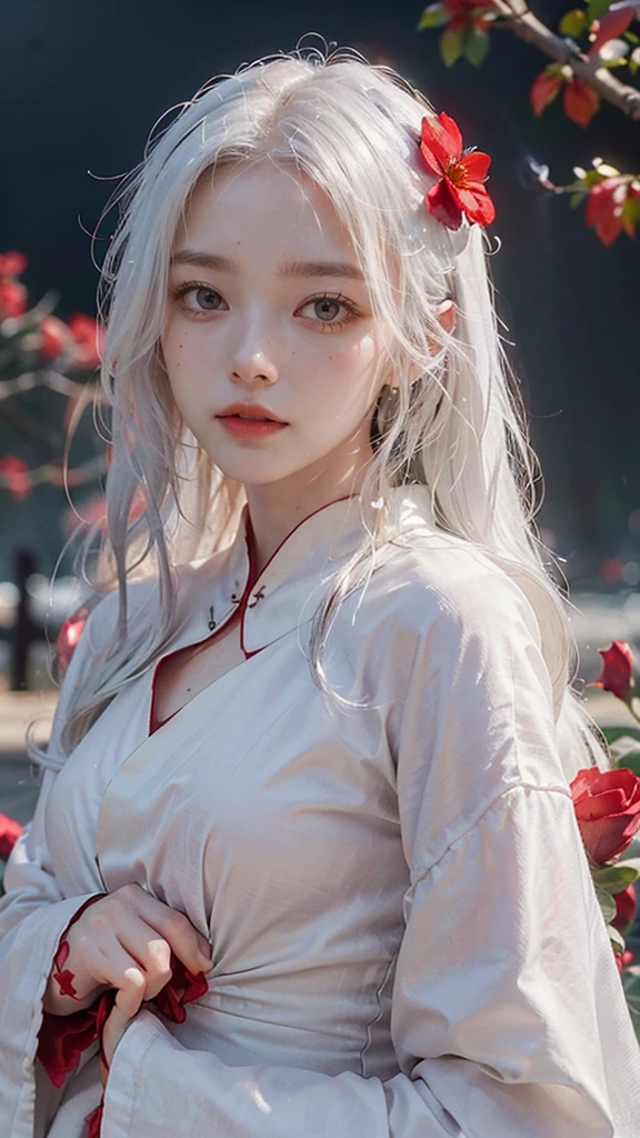 1girl,solo,1girl,solo,((beautiful detailed eyes)), (detailed light),depth of field,(white hair),silver eyes,hair over one eye,(red flower ), hair flower,long hair,black cloak,wet,emotionless,looking back,night,starfall,raining,fog,red flowers falling,sketch,upper body,intense shadows,