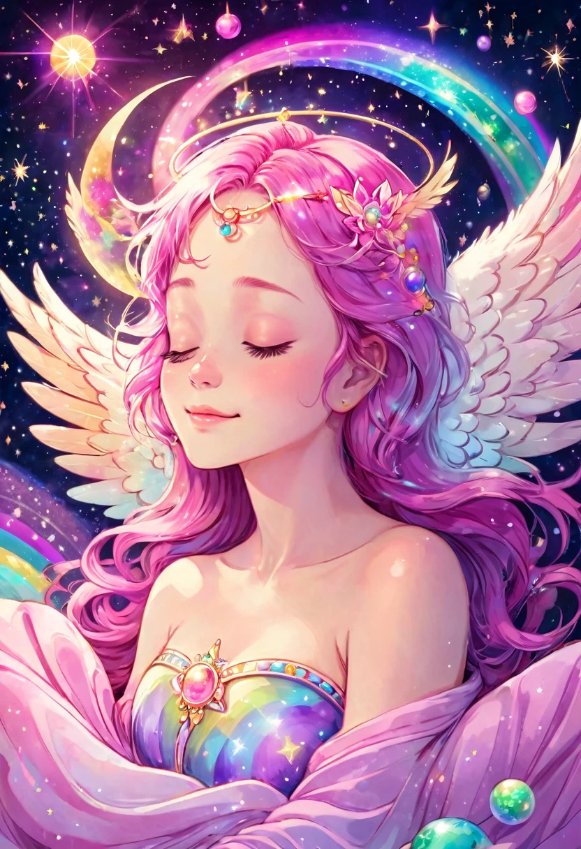 Beautiful angel sleeping happily holding the earth, the chakra above her head is shining in magenta color, outer space, pastel rainbow colored wings, shooting stars, fine pearl light