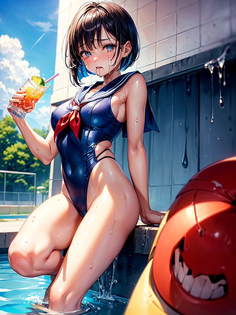 Highest quality,Highest Resolution,Sailor leotard(((2People and above)))A beautiful girl with a crying face,High leg,(((Tback))),Very beautiful eyes,Competition Pool,(((Holding a drink in your hand))),(((Dripping saliva))),sunny,blue sky,sweat profusely,Red tie,whole body,Black short bob,