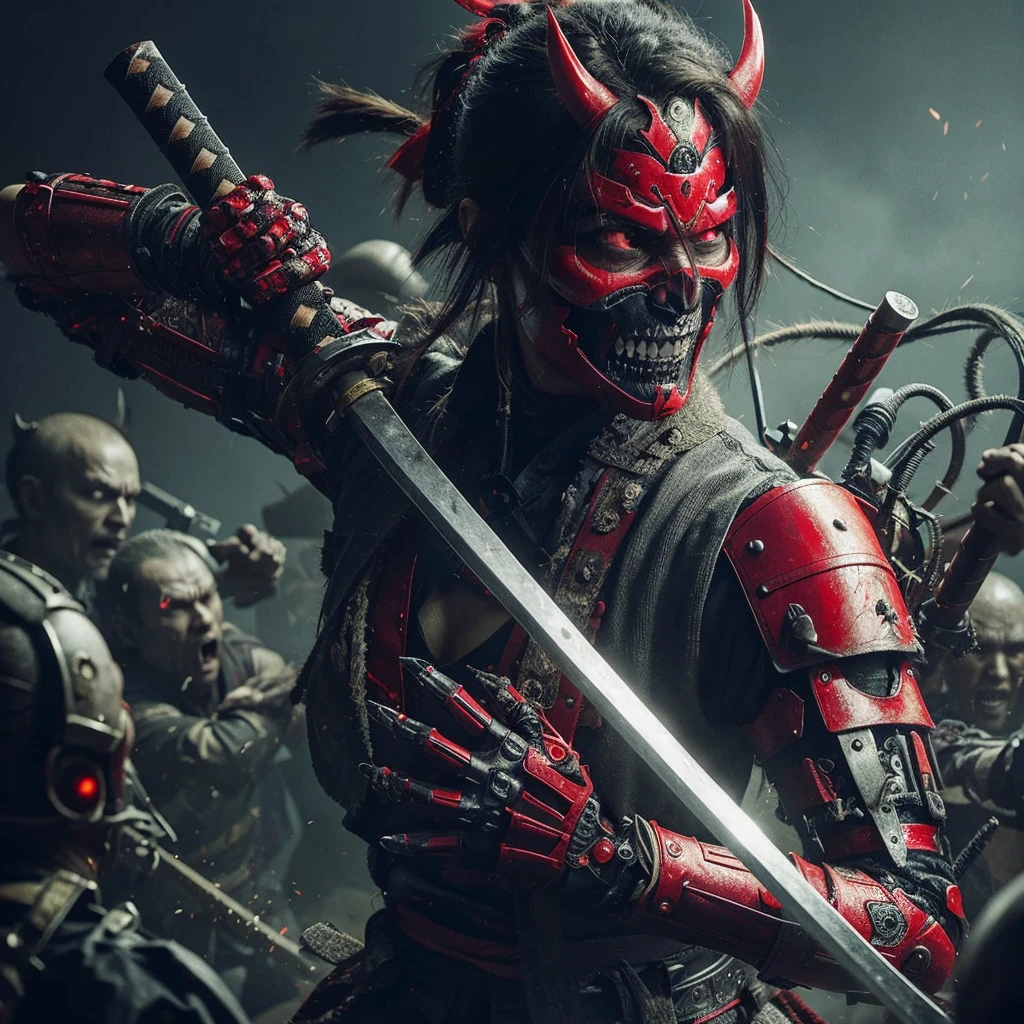 Samurai in red, devil samurai, fighting zombies