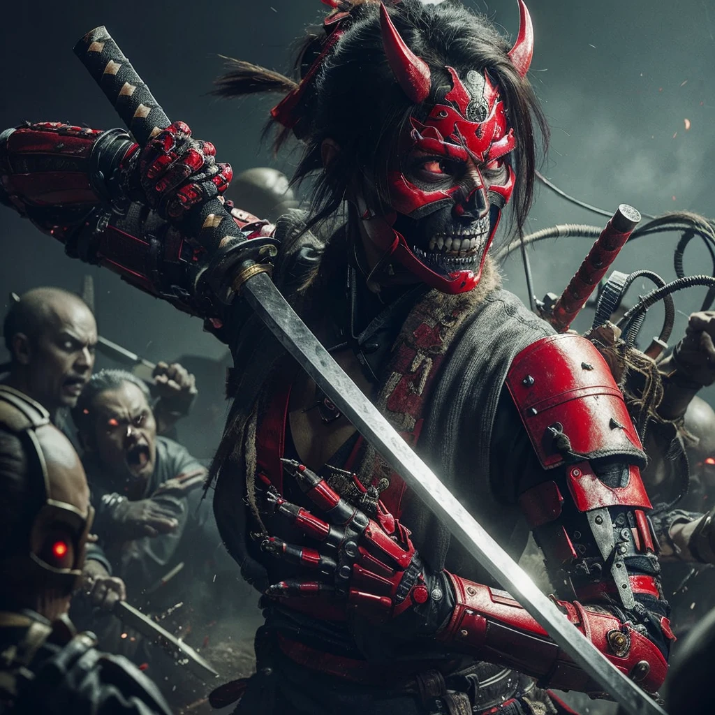 Samurai in red, devil samurai, fighting zombies
