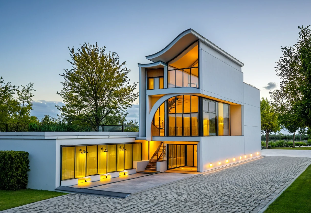 Masterpiece, high quality, best quality, authentic, super detail, outdoors, onestoreyvillaXL, aiaigroup, house style modern on the street ,stairs, white wall ,road,pavement, grass, trees, sky, cloud, (daylight:1.1)