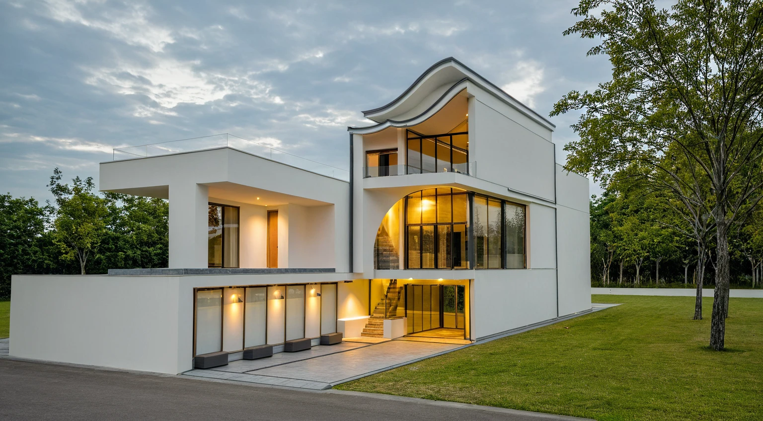 Masterpiece, high quality, best quality, authentic, super detail, outdoors, onestoreyvillaXL, aiaigroup, house style modern on the street ,stairs, white wall ,road,pavement, grass, trees, sky, cloud, (daylight:1.1)