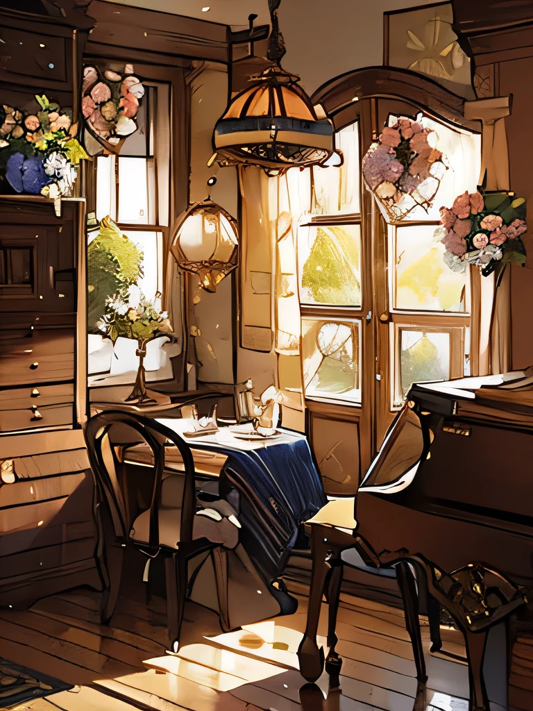 (((Masterpiece))), (((Beautiful Light))), a dining table next to a grand piano in a wooden house with a chandelier, no humans, table, chair, window, flower, scenery, indoors, lamp, vase