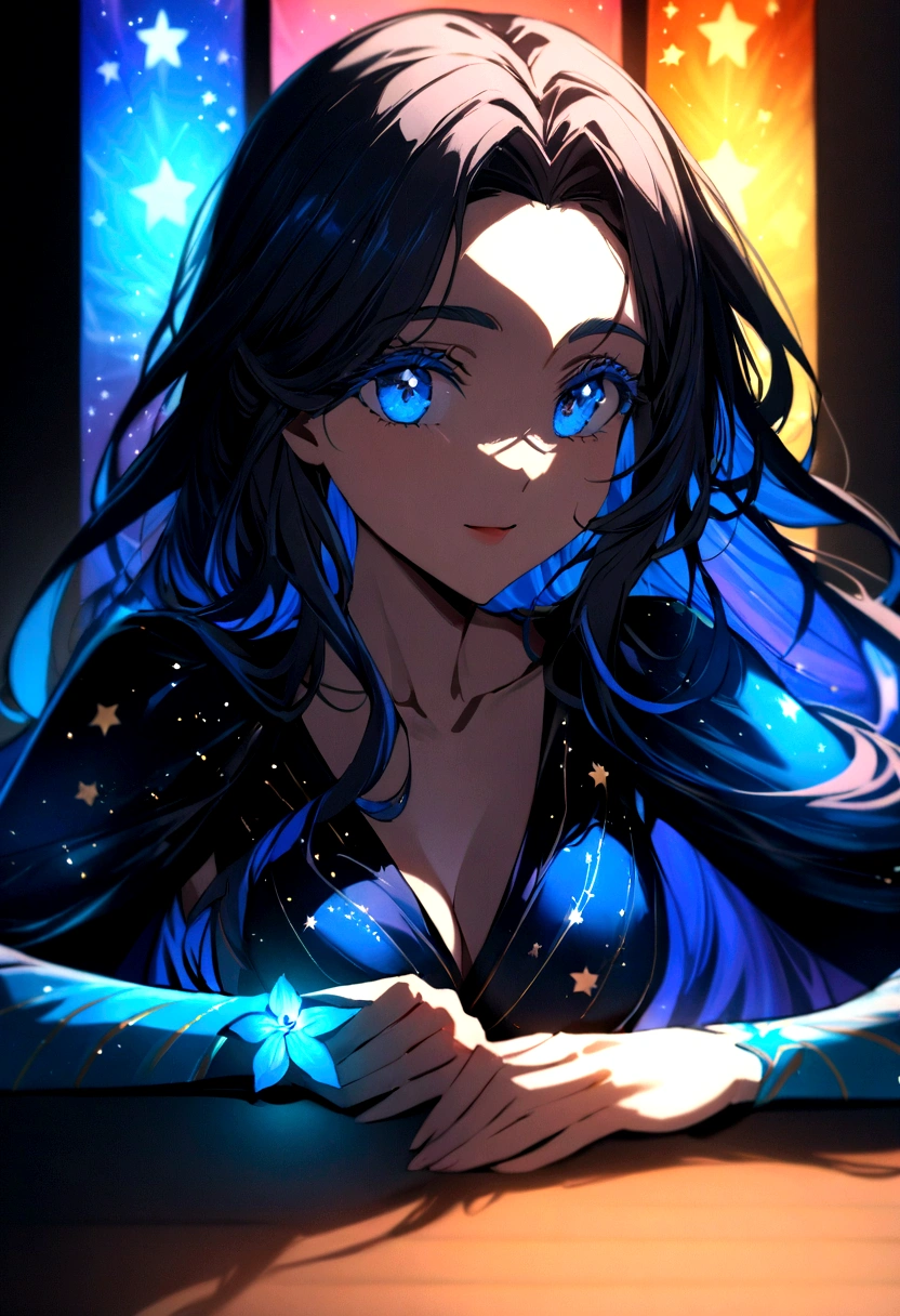 ((a extreme close up: 1.5)) facial picture of an astrologist who divine the future from the stars, an extraordinary beautiful woman, divining the future from the stars, there is magic in her eyes, the (( her irises are colored deep blue with stars in them: 1.5)) Intense gaze, ladyshadow , dynamic hair color, dynamic hair style, she sits near a table, dynamic clothing, dynamic background, vibrant, Ultra-high resolution, High Contrast, (masterpiece:1.5), highest quality, Best aesthetics), best details, best quality, highres, 16k, [ultra detailed], masterpiece, best quality, (extremely detailed), ladyshadow