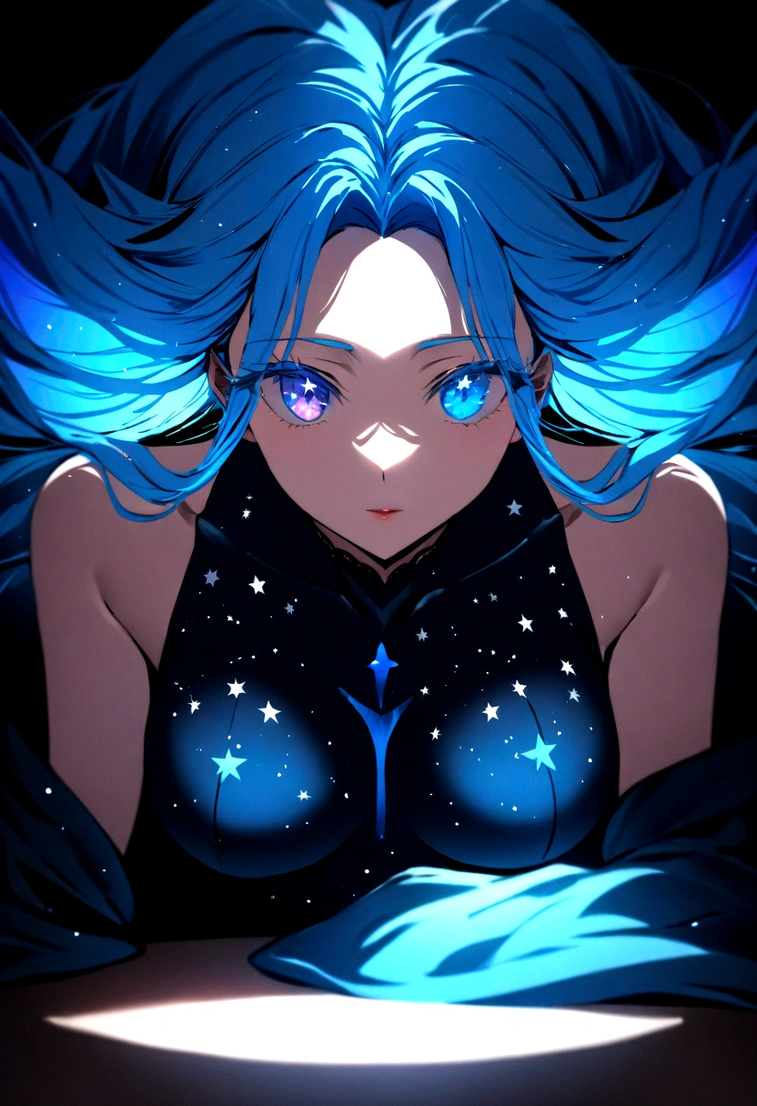 ((a extreme close up: 1.5)) facial picture of an astrologist who divine the future from the stars, an extraordinary beautiful woman, divining the future from the stars, there is magic in her eyes, the (( her irises are colored deep blue with stars in them: 1.5)) Intense gaze, ladyshadow , dynamic hair color, dynamic hair style, she sits near a table, dynamic clothing, dynamic background, vibrant, Ultra-high resolution, High Contrast, (masterpiece:1.5), highest quality, Best aesthetics), best details, best quality, highres, 16k, [ultra detailed], masterpiece, best quality, (extremely detailed), ladyshadow