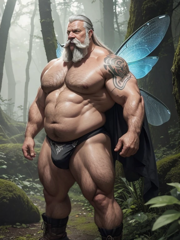 Hyperrealistic image of a Fairy Superhero with symmetrical dragonfly wings on his back, full body, very sweaty, extremely over 80 years old, very muscular and fat, over 200 kg, with a naked torso, large flabby pectorals, brown nipples, very long gray hair and large gray mustaches. with huge tattooed arms in a foggy Celtic forest wearing a leaf thong