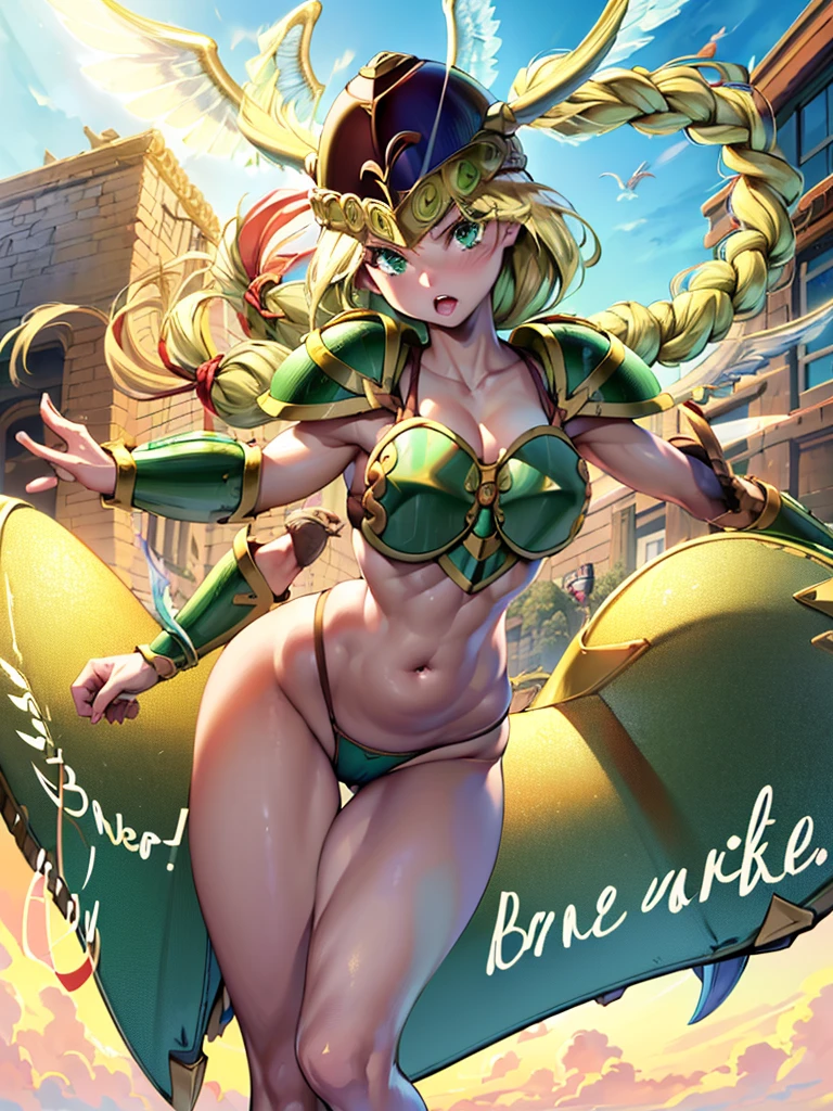 masterpiece,best quality, 1girl, 18yo, beautiful girl,BREAK,(Armor:1.8),(Helmet with wings:1.7),(Beautiful blonde,braid,Green Eyes:1.5),BREAK,(Bikini Armor,navel exposed,voluptuous bust,thin waist:1.4),BREAK,(naughty face, naughty:1.3), (blue sky:1.2),(Running on clouds:1.3),(move chart:1.3),
