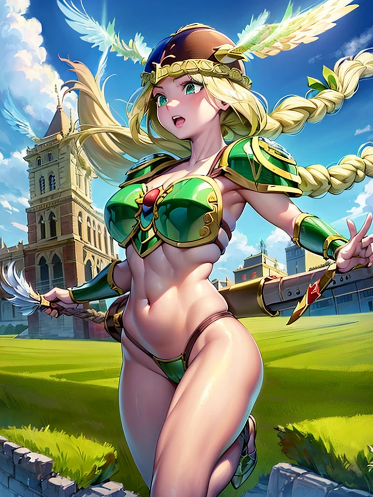 masterpiece,best quality, 1girl, 18yo, beautiful girl,BREAK,(Armor:1.8),(Helmet with wings:1.7),(Beautiful blonde,braid,Green Eyes:1.5),BREAK,(Bikini Armor,navel exposed,voluptuous bust,thin waist:1.4),BREAK,(naughty face, naughty:1.3), (blue sky:1.2),(Running on clouds:1.3),(move chart:1.3),