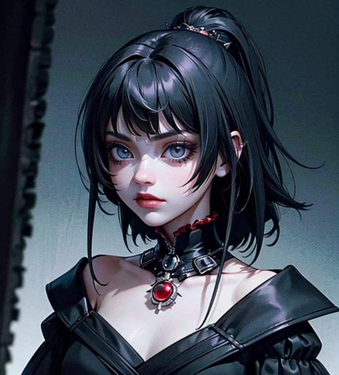 Highest quality、8K、masterpiece:1.3、Gothic Punk、The inner is red、Gray Black Hair、hair ornaments、beautiful girl、creative、Dark Fantasy Style、Neogoth、Goth Fashion:1.2、High resolution、masterpiece、Highest quality、頭w:1.3、((Hasselblad Photos))、Fine skin、Sharp focus、(Cinema Lighting)、Realistic textured hair, Black crow on the shoulder