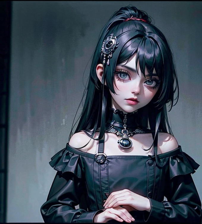 Highest quality、8K、masterpiece:1.3、Gothic Punk、The inner is red、Gray Black Hair、hair ornaments、beautiful girl、creative、Dark Fantasy Style、Neogoth、Goth Fashion:1.2、High resolution、masterpiece、Highest quality、頭w:1.3、((Hasselblad Photos))、Fine skin、Sharp focus、(Cinema Lighting)、Realistic textured hair, Black crow on the shoulder