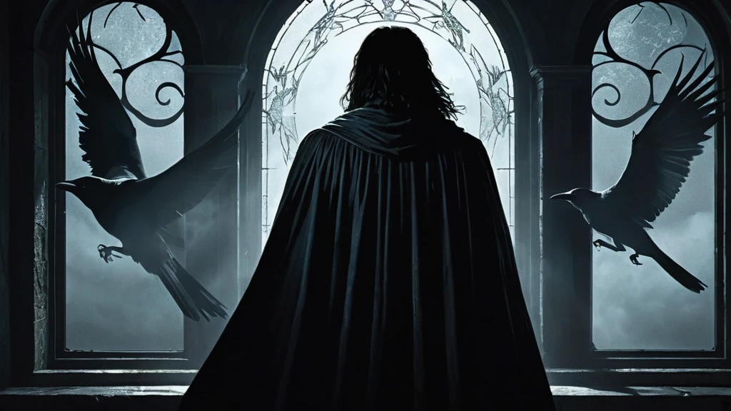 a man standing near a large window, his eyes fixed on the crows perched around it. The man exudes a sense of calm, with long black hair tied neatly and a black robe that lightly billows with his movements. His face is etched with lines of age, yet his gaze remains sharp and full of wisdom.
The room around him is dimly lit, with the window providing the main source of light, casting a soft glow on his features. Outside, the sky is overcast, adding to the somber and reflective atmosphere. The crows, dark and ominous, sit silently, their presence enhancing the mystical and contemplative mood of the scene.
This image captures a moment of quiet introspection and connection with the natural world, highlighting the man's serene yet powerful presence in a dark medieval fantasy setting.