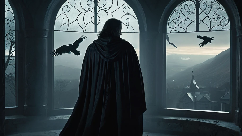 a man standing near a large window, his eyes fixed on the crows perched around it. The man exudes a sense of calm, with long black hair tied neatly and a black robe that lightly billows with his movements. His face is etched with lines of age, yet his gaze remains sharp and full of wisdom.

The room around him is dimly lit, with the window providing the main source of light, casting a soft glow on his features. Outside, the sky is overcast, adding to the somber and reflective atmosphere. The crows, dark and ominous, sit silently, their presence enhancing the mystical and contemplative mood of the scene.

This image captures a moment of quiet introspection and connection with the natural world, highlighting the man's serene yet powerful presence in a dark medieval fantasy setting.