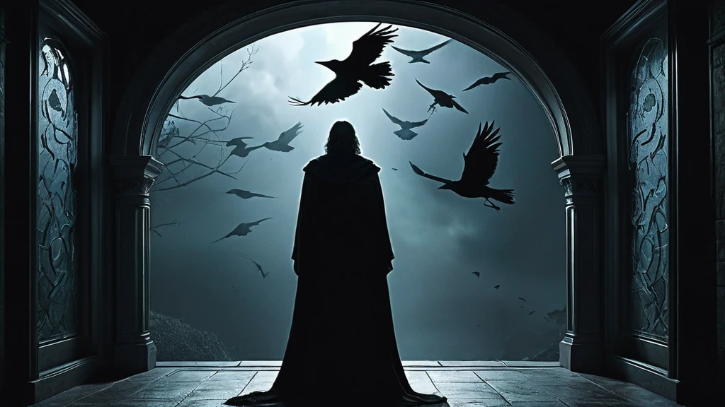 a man standing near a large window, his eyes fixed on the crows perched around it. The man exudes a sense of calm, with long black hair tied neatly and a black robe that lightly billows with his movements. His face is etched with lines of age, yet his gaze remains sharp and full of wisdom.
The room around him is dimly lit, with the window providing the main source of light, casting a soft glow on his features. Outside, the sky is overcast, adding to the somber and reflective atmosphere. The crows, dark and ominous, sit silently, their presence enhancing the mystical and contemplative mood of the scene.
This image captures a moment of quiet introspection and connection with the natural world, highlighting the man's serene yet powerful presence in a dark medieval fantasy setting.