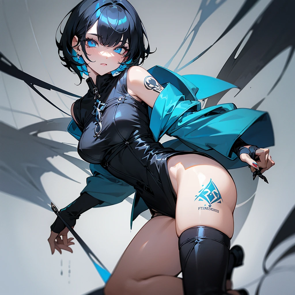 short black hair blue highlights , yeux gris-bleu pupille ronde est l'autres en forme de x pull noir epauls tatouer une jambes avec un collant est des bottes percing aux oreilles est sous ma lèvres