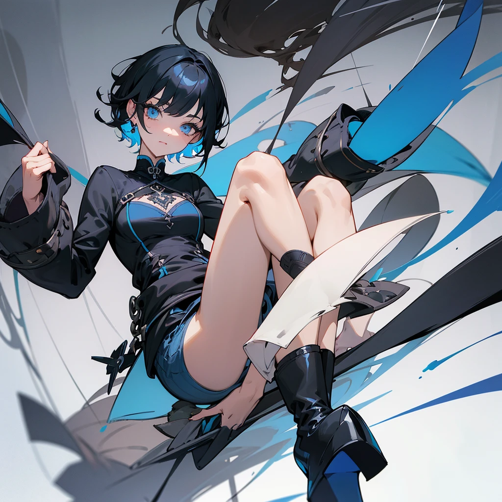 short black hair blue highlights , yeux gris-bleu pupille ronde est l'autres en forme de x pull noir epauls tatouer une jambes avec un collant est des bottes percing aux oreilles est sous ma lèvres