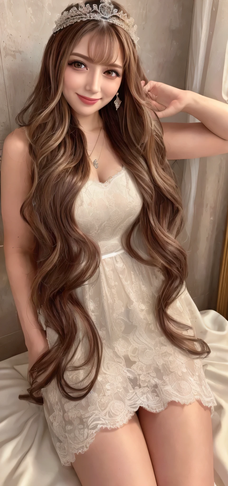 ((Highest quality, 8K, masterpiece: 1.3)), One girl, Perfect Body Beauty: 1.3, ( Random thick diva hairstyle casual), (( Long wavy brown hair)), (Queen), (Exposed big breasts), (Wedding dress), Super detailed face, Beautiful Eyes, double eyelid, smile, Short skirt, Lace panties, Earrings, necklace, Crown,