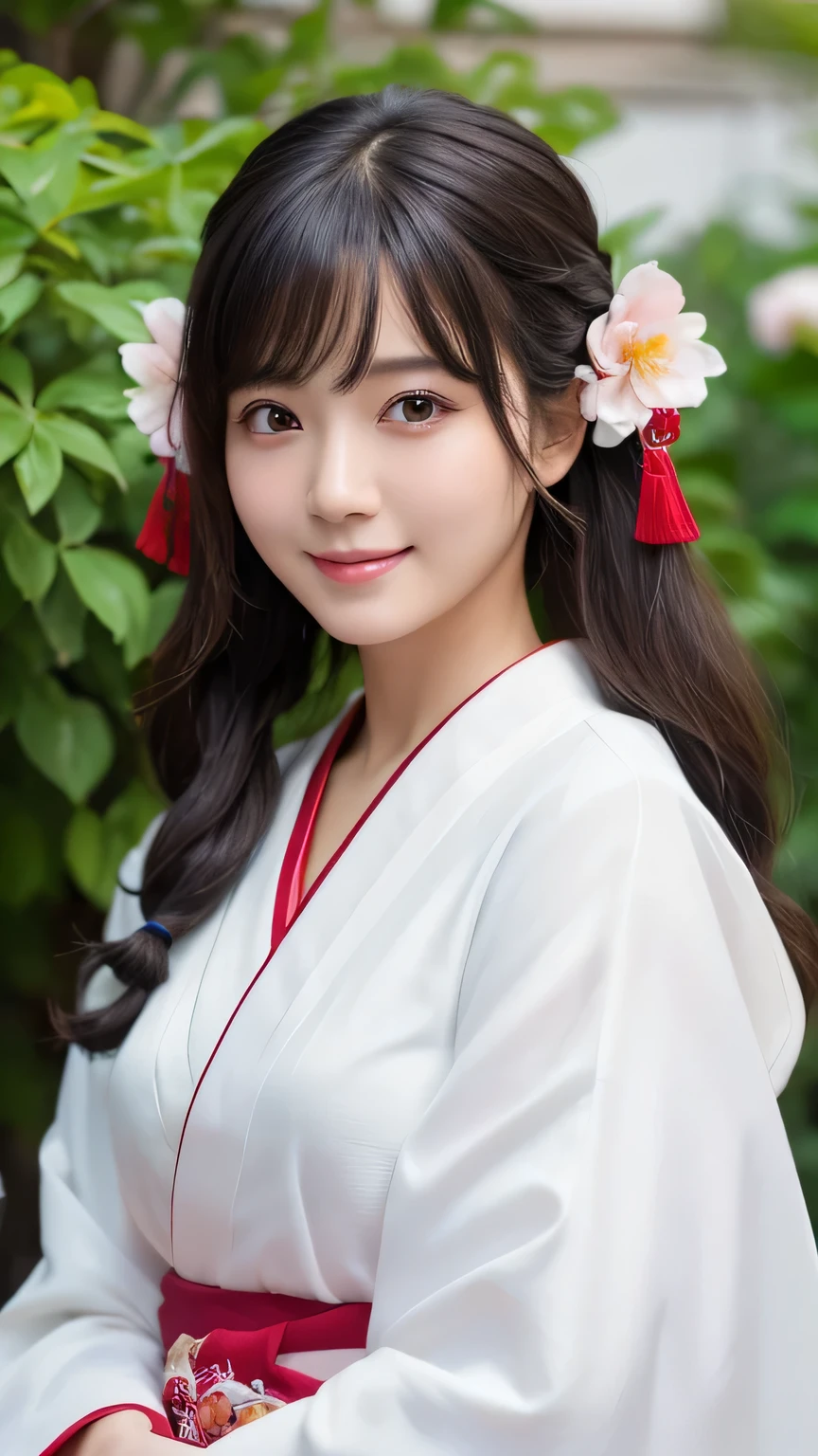 (masterpiece:1.3), (8K, Photorealistic, Raw photo, Best image quality: 1.4), Japanese 、Take a full-body photo,White kimono、Red long skirt、Shrine maiden、Cute costume,Fluffy medium hair,crystal,Natural color lip,(Random Hairstyles:1.2)、Super detailed face、Attention to detail、double eyelid、Sharp focus:1.2、Beautiful woman:1.4、Black Hair、highest quality、masterpiece、超A high resolution、(Photorealistic:1.4)、Highly detailed and professionally lit smile、