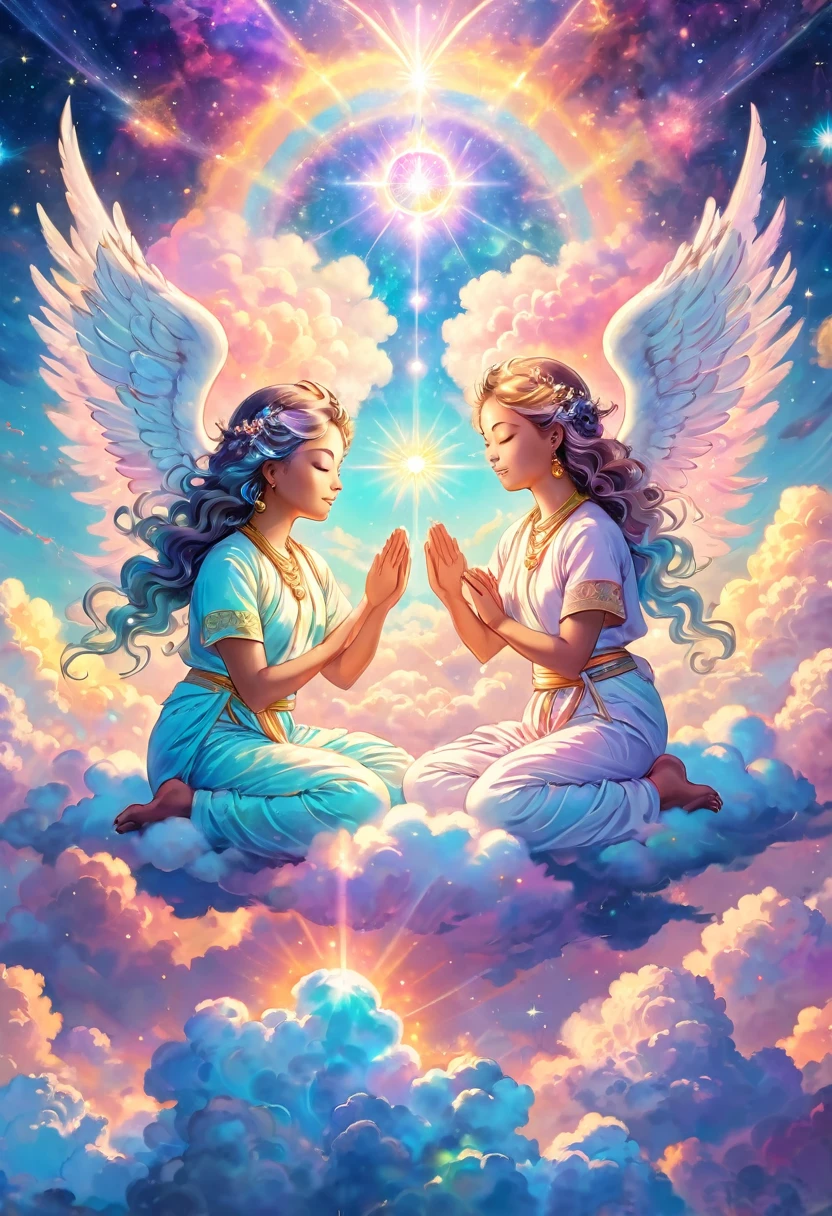 close-up, the twin Angels meditating on clouds, photo from above, chakras glowing in pastel iridescent colors, happiness, joy, sacred, stars, universe