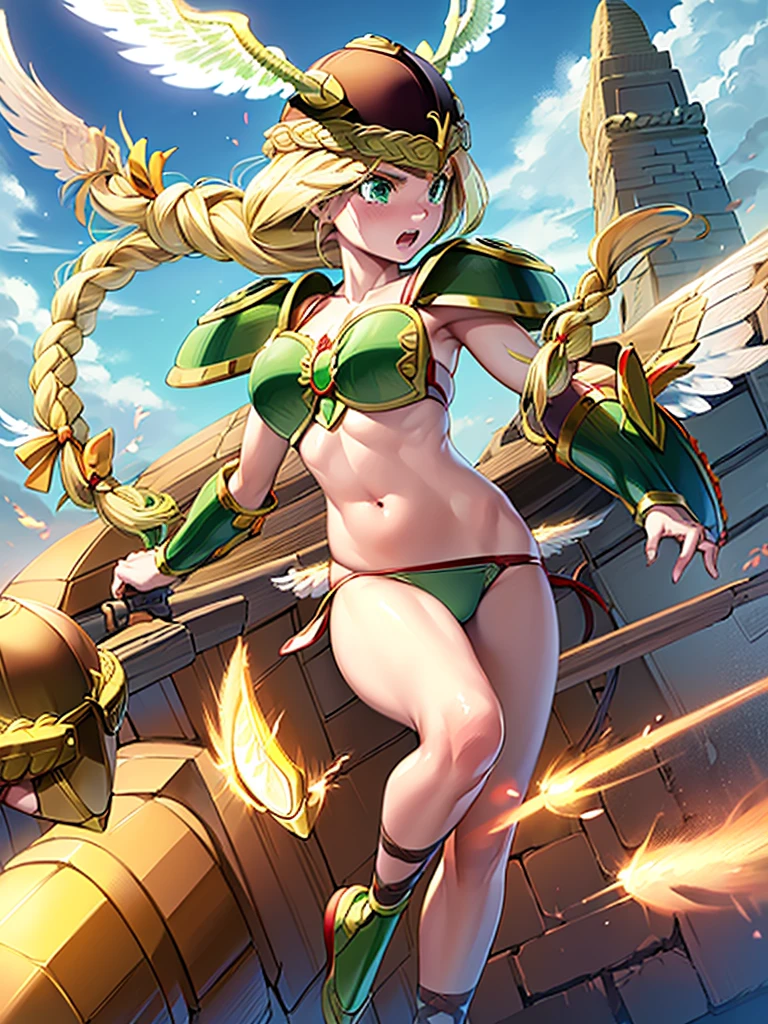 masterpiece,best quality, 1girl, 18yo, beautiful girl,BREAK,(Armor:1.8),(Helmet with wings:1.7),(Beautiful blonde,braid,Green Eyes:1.5),BREAK,(Bikini Armor,navel exposed:1.4),BREAK,(naughty face, naughty:1.3), (blue sky:1.2),(Running on clouds:1.3),(move chart:1.3),