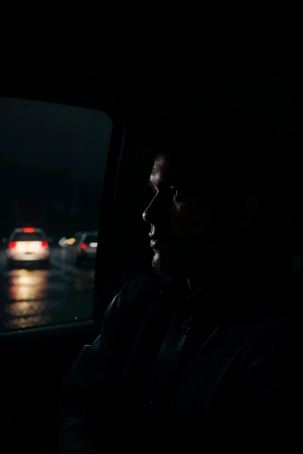 silhouette man in the car, looking outside through car window, evening and rainy, aesthetic with glowing city lights