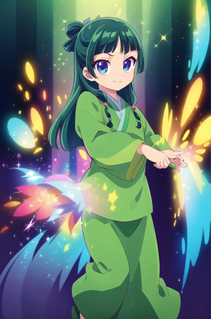 1girl,solo,(cowboy shot),standing,(green hair:1.2),long hair,pig tail,(blue eyes:1.2),freckles,(beautiful fingers:1.6),(perfect anatomy:1.6),(arms_behind_back:1.6),(cold_shoulder:1.2),(green hanfu:1.4),(green
leotard:1.6),(leather lace glossy silk lamé:1.6),(latex luster shiny glossy metallic:1.6),(shiny_clothes:1.6),(medium breasts:1.2),beautiful breasts,masterpiece,best quality,(Ultra high definition eyes:1.2),8k,(Beautiful detailed eyes:1.2),(Fine and beautiful eyes:1.2),(pretty eyes:1.2),finely detail,extremely CG, absurdres,high resolution,illustration,Detailed and beautiful outlines,finely detail,high resolution,(colorful refraction:1.4,Increase saturation:1.2),beautiful lighting,dynamic lighting,closed room,black background,simple background, smile,looking at viewer,maomao,(green thigh boots:1.4)